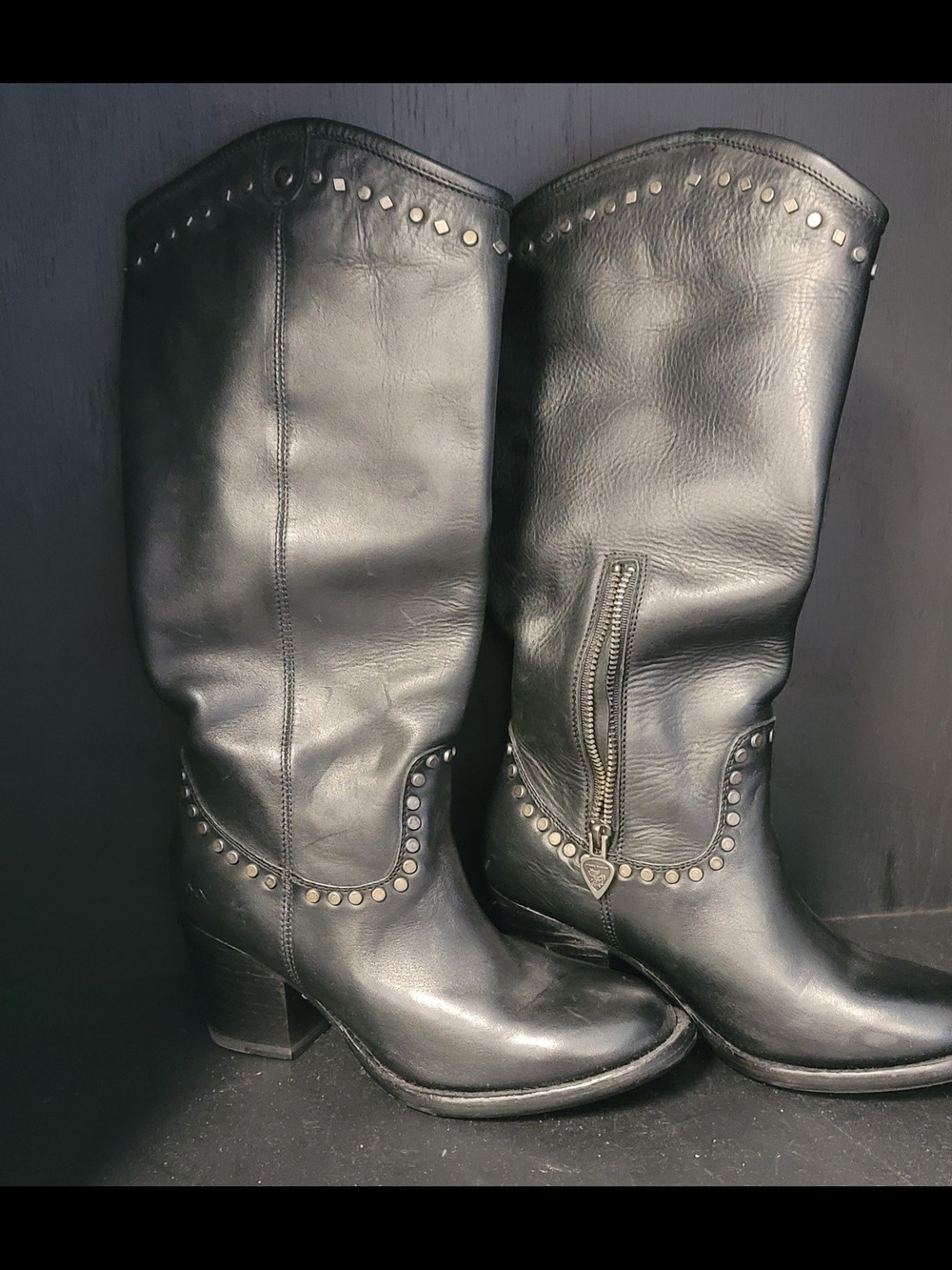 Mark Nason Black Leather Mid-Calf Studded Boots